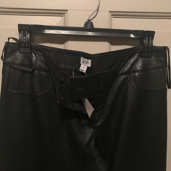 Black leather straight leg pants